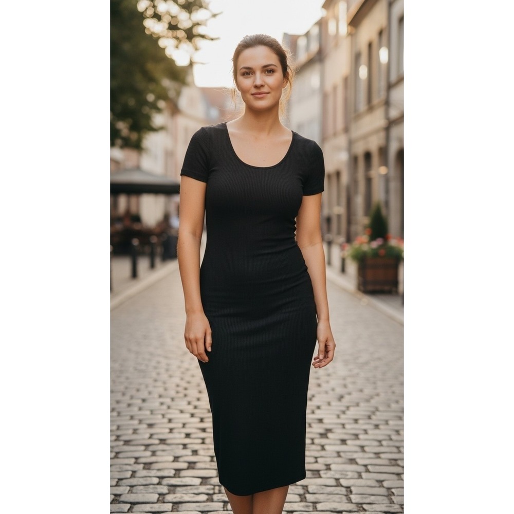 Marine‎ Layer Lexi Rib SS Midi Dress Black XS Ribbed Scoop Neck Back Slit NEW